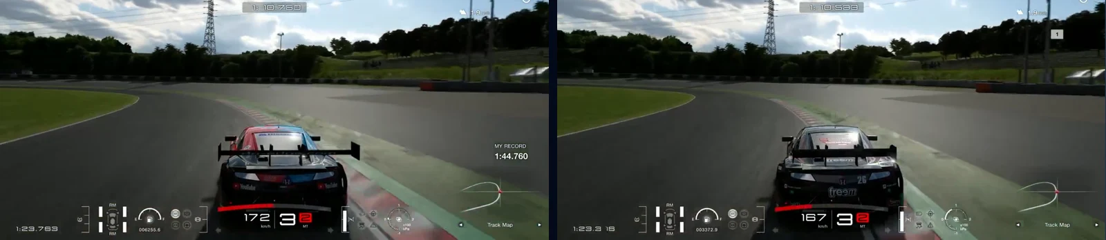 GT7 Suzuka, Spoon, in Traces Compare: our Honda NSX CONCEPT-GT and the reference at the same metre, the first apex of Spoon, our car 5 km/h faster