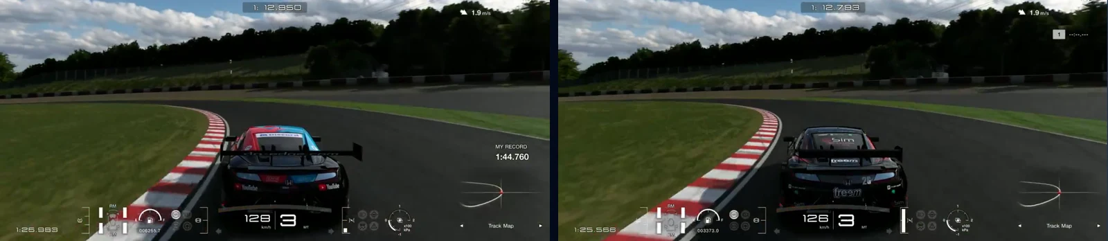 GT7 Suzuka Spoon second apex in Traces Compare: our NSX and the reference at 127 km/h