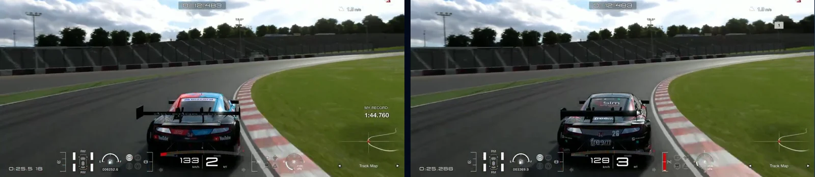 GT7 Suzuka, Turns 1 and 2, in Traces Compare: our Honda NSX CONCEPT-GT and the reference at the same metre, Turn 2 at 130 km/h in third